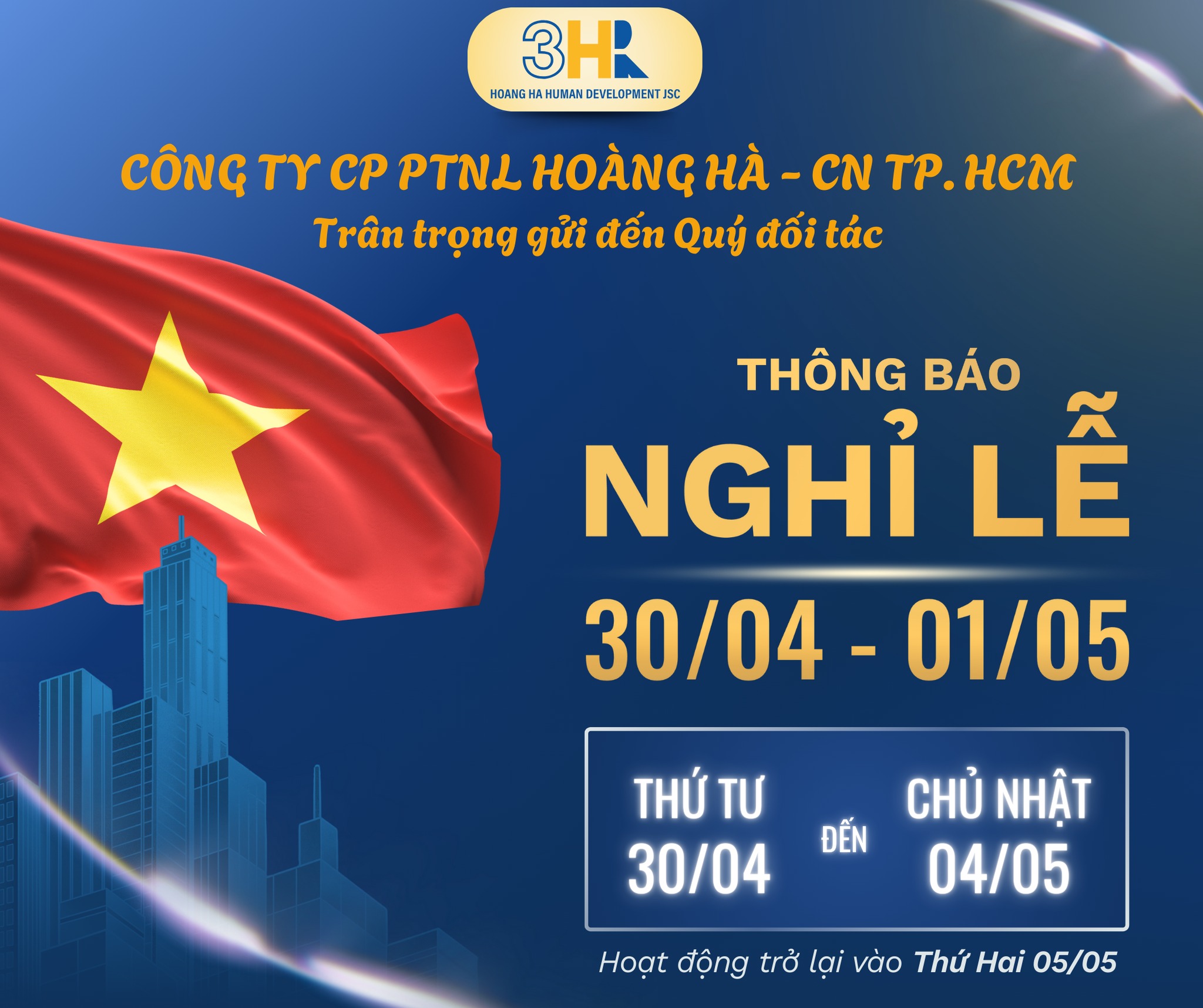 THÔNG BÁO NGHỈ LỄ 30/4 VÀ 01/5